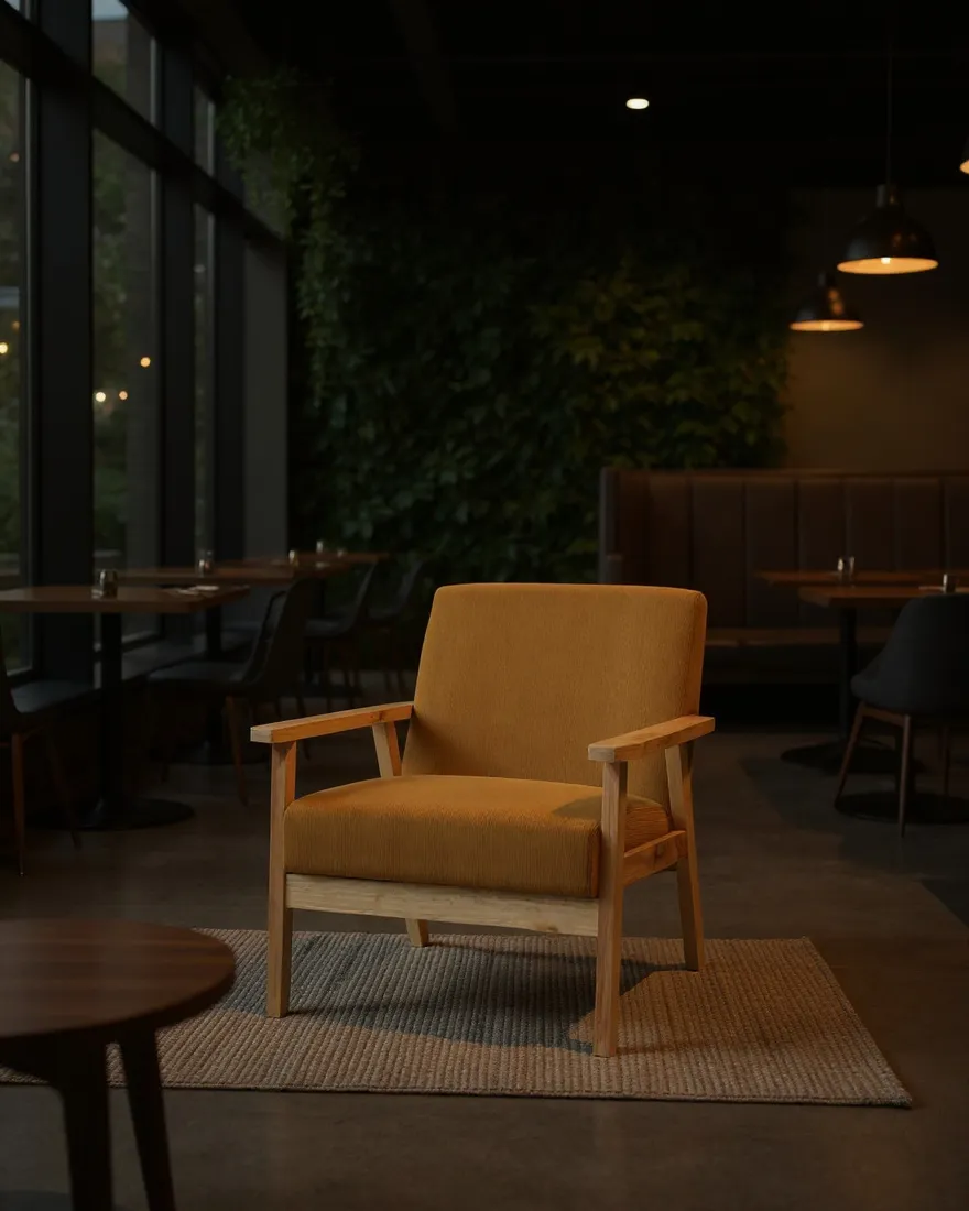 Fauteuil moutarde à structure en bois mis en scène dans un restaurant tamisé en soirée, devant un mur végétal